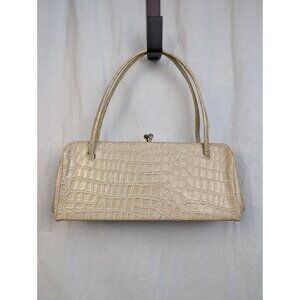 Vintage Cream Mock Crocodile Leather Top Handle Kiss Lock Handbag Clutch Purse